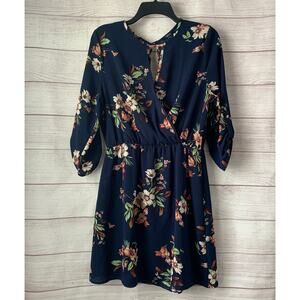 Iris Navy Blue Floral Dress Wrap Top Roll Tab Sleeves Keyholes Size Large